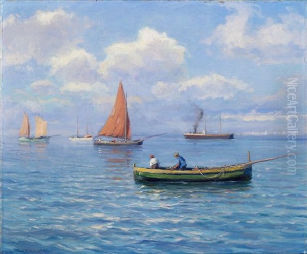 Fischerboot, Segelboote Und Ein Dampfschiff Im Mittelmeer - view 1