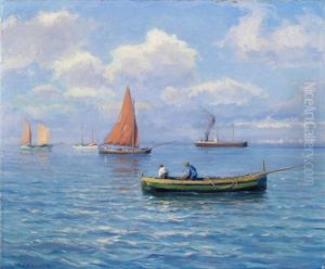 Fischerboot, Segelboote Und Ein Dampfschiff Im Mittelmeer by Paul Kutscha