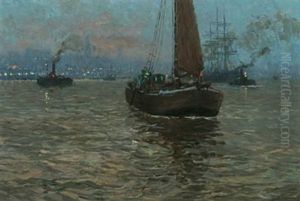Evening View Over The Harbour In Hamburg by Paul Kutscha