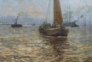 The Harbour In Hamburg At Dusk by Paul Kutscha