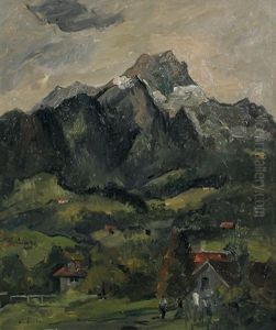 Pilatus. Blick Auf Das Schweizer Bergmassiv Mit Vereinzelten Hausern Im Vordergrund by August Kutterer