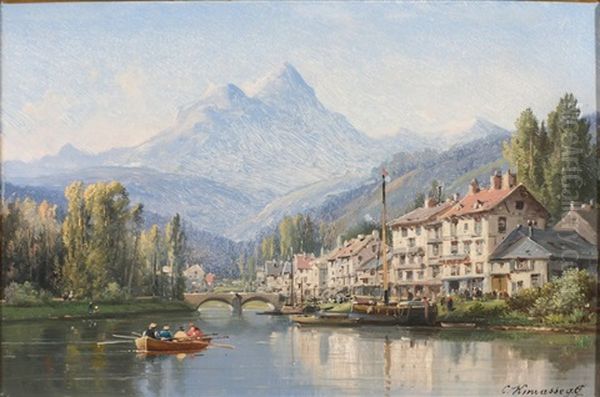 Paysage Montagnard Avec Lac, Promeneurs Et Oiseaux - view 1