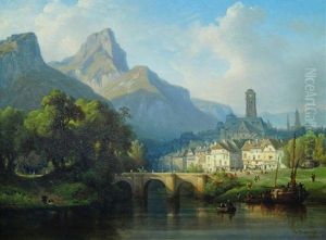 View Of A Riverside Town With Moored Shipping, A Stone Bridge And Mountains In The Distance