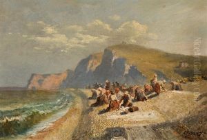Wascherinnen Am Strand Von Etretat (normandie) by Charles Euphrasie Kuwasseg