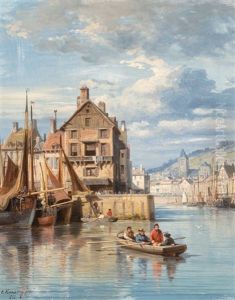 A Harbor Scene With Figures Rowing A Boat, 1866