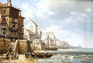 Ansicht Einer Hafenstadt Mit Fischern In Der Normandie by Charles Euphrasie Kuwasseg
