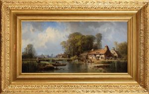 Village Anime Au Bord De L"eau by Charles Euphrasie Kuwasseg