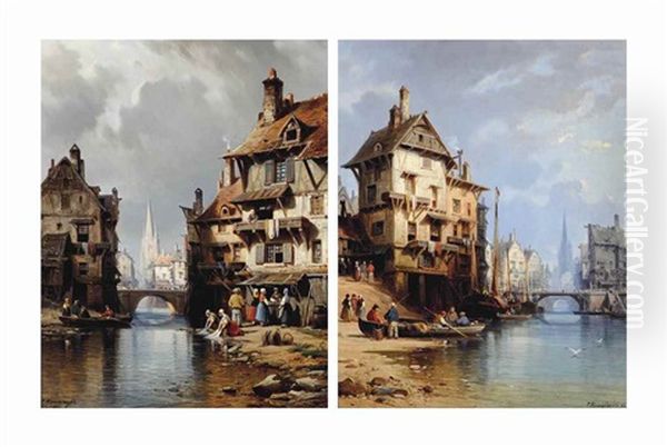 Preparing The Boat At The Water's Edge; And Washing Clothes At The River (pair) - view 1