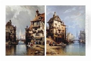 Preparing The Boat At The Water's Edge; And Washing Clothes At The River (pair) by Charles Euphrasie Kuwasseg