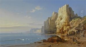 A View Of Coastal Cliffs With Figures In The Foreground by Charles Euphrasie Kuwasseg