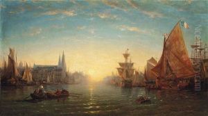 Shipping In A French Port At Dusk by Charles Euphrasie Kuwasseg