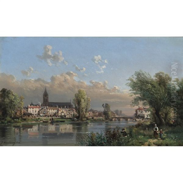 Figures Fishing And Mingling Along The Village Coast (+ Boat In A Harbor With Village Houses; Pair) - view 1