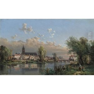 Figures Fishing And Mingling Along The Village Coast (+ Boat In A Harbor With Village Houses; Pair) by Charles Euphrasie Kuwasseg
