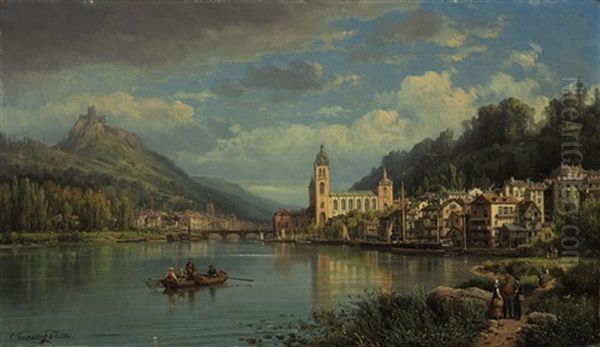 A Capriccio River Landscape With Figures Conversing And A Town Beyond - view 1