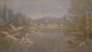 ' The Serpentine ' Depicting A Lake In The Late Evening With Dogs And Swans Etc by Francis Donkin Bedford