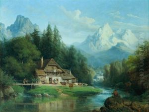 Paysage Alpin Au Chalet by Charles Euphrasie Kuwasseg