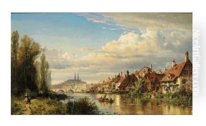 Blick Uber Die Donau Auf Das Malerische Regensburg Mit Dom, Steinerner Brucke Und Malerischer Hauserzeile Am Ufer