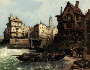 Kustenstadtchen An Der Normandie Mit Heimkehrenden Fischern