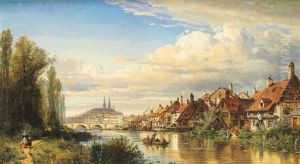 Blick Uber Die Donau Auf Das Malerische Regensburg Mit Dom, Steinerner Brucke Und Malerischer Hauserzeile Am Ufer