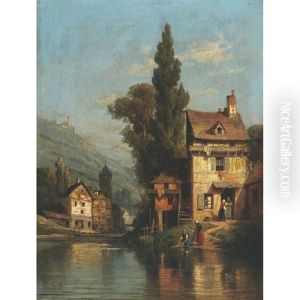 An Alpine Village With Washerwomen At River's Edge by Charles Euphrasie Kuwasseg