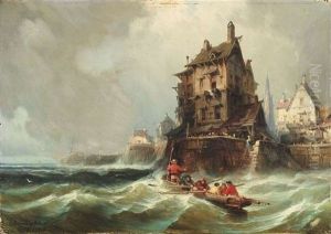 Ruderboot In Sturmischer See Vor Einem Dorf An Einer Steilkuste by Charles Euphrasie Kuwasseg