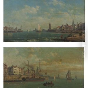 Views Of Harbours With Fisherboats (pair) by Charles Euphrasie Kuwasseg