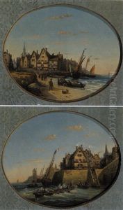 Seaside Village (+ Another; Pair) by Charles Euphrasie Kuwasseg