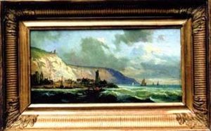Barque De Peche Par Gros Temps Pres D'une Cote Rocheuse Et D'un Phare