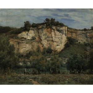 The Cliffs Of Rochecorbon, Near Tours by Charles Euphrasie Kuwasseg