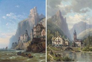 Rowing Out At A Coastal Town (+ An Angler Before An Alpine Riverside Town; Pair) by Charles Euphrasie Kuwasseg