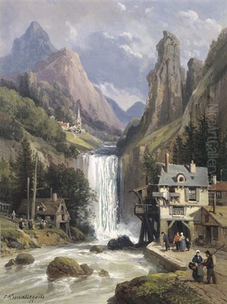 Rotslandschap Met Bergdorp En Waterval - view 1
