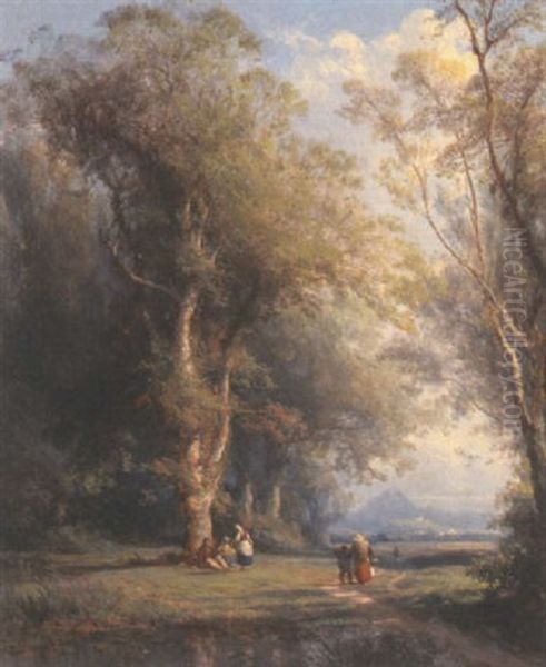 Figures On A Track In A Wooded Landscape - view 1
