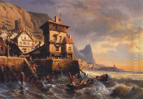 Rowing Boat Off Landing Steps Before A Continental Town - view 1