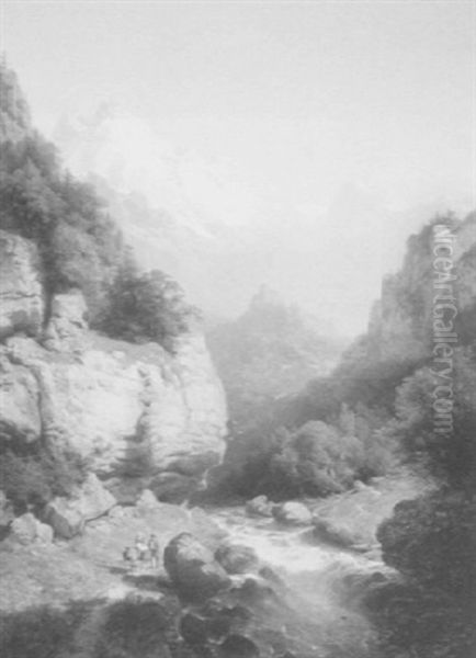 Travelers On The River Path, An Alpine View - view 1