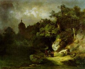 Cavaliers Et Personnages Au Pied D'un Chateau Feodal