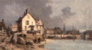 A Dutch Riverside Town by Charles Euphrasie Kuwasseg