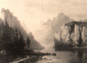 A View Of A Fjord, Figures In A Boat In The Foreground by Charles Euphrasie Kuwasseg