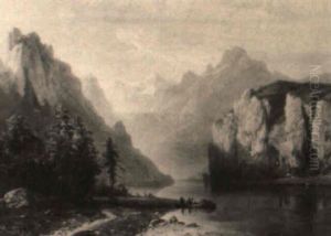 View Of A Fjord, Figures In A Boat In The Foreground by Charles Euphrasie Kuwasseg