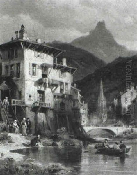 Figures On A River Before An Alpine Town - view 1