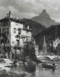 Figures On A River Before An Alpine Town Figures On A River Before An Alpine Town