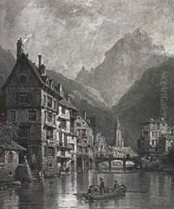 River View Of An Alpine Village by Charles Euphrasie Kuwasseg