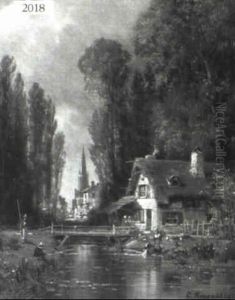 A Dutch Scene With Women Washing Clothes And Men Fishing by Charles Euphrasie Kuwasseg