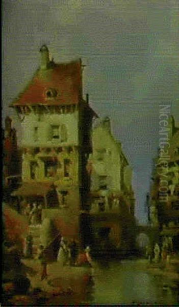 A Riverside Town Scene With Figures - view 1