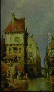 A Riverside Town Scene With Figures by Charles Euphrasie Kuwasseg
