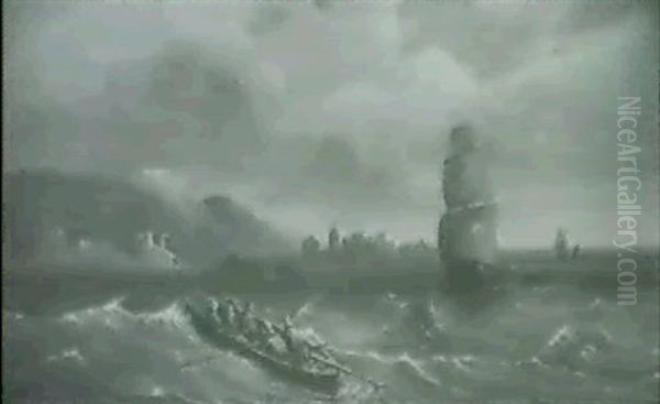 Brigg Und Ruderboot Vor Stadsilhouette - view 1