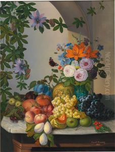 Still Life With Passion Flower And Fruit by Leopold Kuwasseg