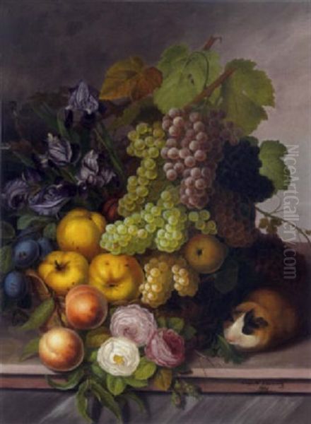 Stilleben Mit Weintrauben, Apfeln, Zwetschgen, Iris, Rosen Und Merrschweinchen - view 1