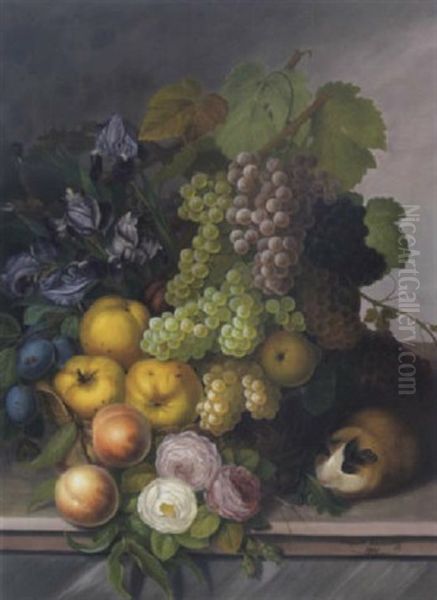 Stilleben Mit Weintrauben, Apfeln, Zwetschgen, Iris, Rosen Und Meerschweinchen - view 1