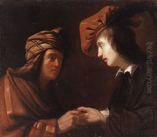 A Fortune Teller Crossing The Palm Of A Young Man - view 1