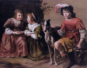 Portrait Of Two Girls And A Boy Of The D'arenberg Family Seated With A Dove And Greyhound In A Landscape by Gysbrecht Van Der Kuyl